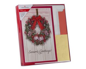 Premium City Traditional Wreath Christmas Boxed Cards and Red Foil-Lined White Envelopes, 14-Count