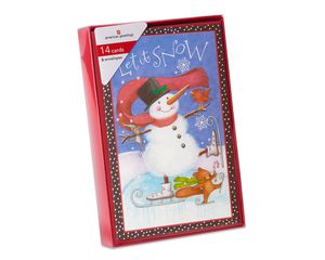 Deluxe Folky Snowman Skating Christmas Boxed Cards and Red Envelopes, 14-Count