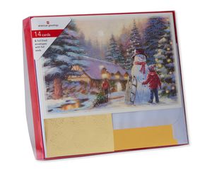 Premium City Kids and Snowman Christmas Boxed Cards and Gold Foil-Lined White Envelopes, 14-Count