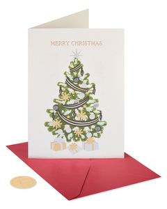 Glitter-Free Metallic Christmas Tree and Gifts Christmas Cards Boxed, 12-Count