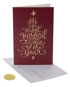 Premium Gold Lettering Tree Christmas Boxed Cards and Gold Foil-Lined White Envelopes, 14-Count