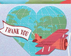 Globe with Plane Handmade Thank You Boxed Blank Note Cards with Glitter, 8-Count
