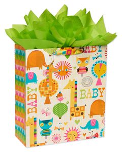 Modern Baby Jumbo Gift Bag with Retro Green Tissue Paper, 1 Gift Bag and 8 Sheets of Tissue Paper