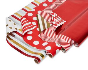 Christmas Reversible Wrapping Paper, Red and Gold, Polka Dot, Stripe, Zigzag and Herringbone, 4-Rolls, 120 Total Sq. Ft.