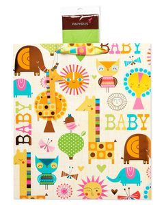 Modern Baby Jumbo Gift Bag with Retro Green Tissue Paper, 1 Gift Bag and 8 Sheets of Tissue Paper