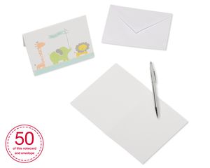 Giraffe, Elephant and Lion Baby Thank You Cards and White Envelopes, 50-Count