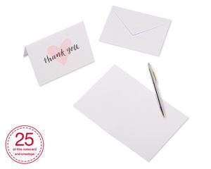 Pink, Black and White Floral and Hearts Thank-You Cards and White and Green Envelopes, 50- Count