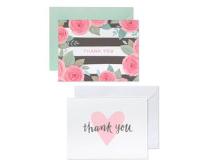 Pink, Black and White Floral and Hearts Thank-You Cards and White and Green Envelopes, 50- Count