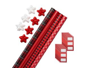 Christmas Wrapping Paper Ensemble with Bows and Gift Tags, Red, Black and White Stripes, Classic Plaid, Buffalo Plaid and Argyle, 4-Rolls, 41-Count