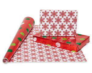 Christmas Paper and Foil Reversible Wrapping Paper, Polka Dots, Trees, Snowmen and Snowflakes, 4-Roll, 30