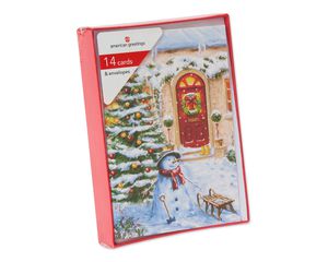 Snowman Outside Red Front Door Christmas Boxed Cards, 14 Count