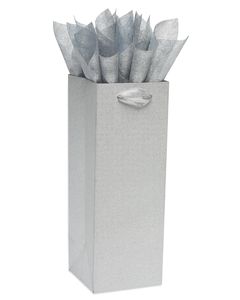 Silver Glitter Beverage Gift Bag with Silver Fiber Tissue Paper, 1 Gift Bag and 4 Sheets of Tissue Paper