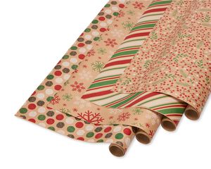Christmas Reversible Wrapping Paper, Red, Green and Kraft, Snowflakes, Polka Dots, Stripes and Holly, 4-Rolls, 80 Total Sq. Ft.