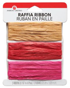 Tan, Red and Pink Raffia Ribbon, 6 Ft. Each, 18 Ft. Total