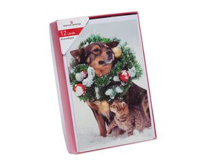 Dog and Cat Christmas Wreath Boxed Cards and White Envelopes, 12-Count