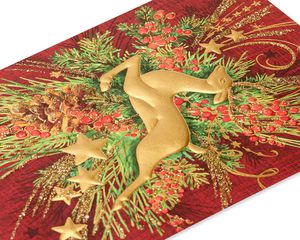 Gold Holiday Reindeer Forest Christmas Cards Boxed, 12-Count