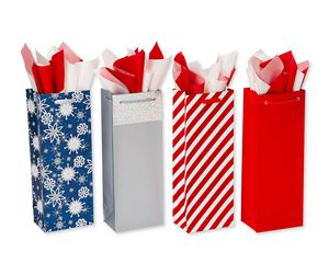 Christmas Beverage Bag and Tissue Bundle, 4 Bags; 20 Sheets of Tissue