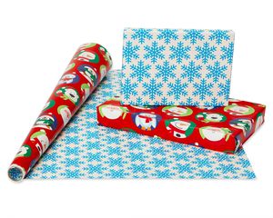Christmas Reversible Wrapping Paper, Santa, Snowflakes, Snowmen and Characters, 4-Roll, 30