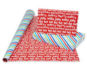 Christmas Reversible Wrapping Paper, Blue Snowman, Red Penguin and Multicolor Stripe, 3-Rolls, 120 Total Sq. Ft.