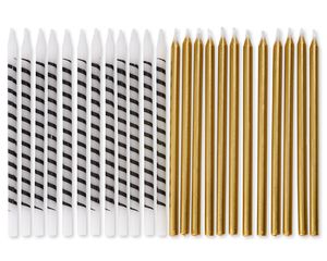 White and Black Stripe and Gold Birthday Candles, 24-Count