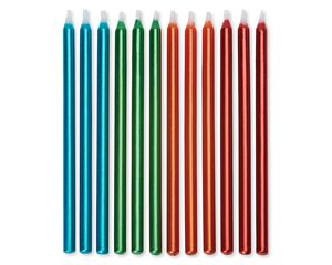 Birthday Candles Metallic Blue, Green, Orange and Red, 12-Count