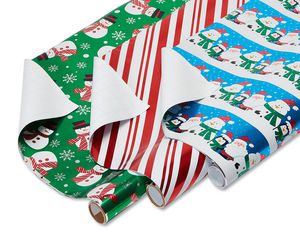 Christmas Foil Wrapping Paper with Gridlines, Santa and Friends, Candy Cane Stripe and Snowmen, 3-Roll, 30