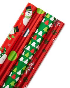 Christmas Paper and Foil Reversible Wrapping Paper, Polka Dots, Trees, Snowmen and Snowflakes, 4-Roll, 30