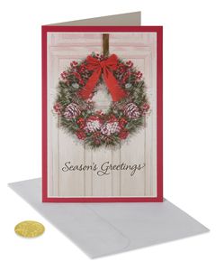 Premium City Traditional Wreath Christmas Boxed Cards and Red Foil-Lined White Envelopes, 14-Count