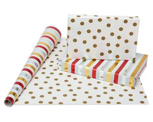 Christmas Reversible Wrapping Paper, Red and Gold, Polka Dot, Stripe, Zigzag and Herringbone, 4-Rolls, 120 Total Sq. Ft.