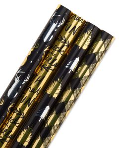 Christmas Foil Reversible Wrapping Paper, Black and Gold, Trees, Plaid, Script and Reindeer, 4-Roll, 30