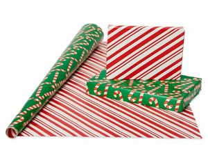 Christmas Extra-Wide Reversible Wrapping Paper, Santa, Snowmen and Candy Canes, 3-Roll, 40