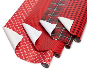 Christmas Wrapping Paper Ensemble with Bows and Gift Tags, Red, Black and White Stripes, Classic Plaid, Buffalo Plaid and Argyle, 4-Rolls, 41-Count
