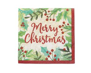 Merry Christmas Holly 16-Count Beverage Napkins