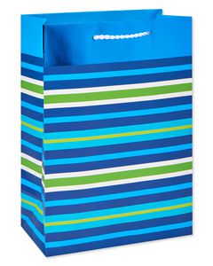 small green and blue striped gift bag