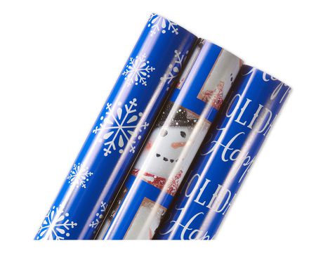 Christmas Reversible Wrapping Paper, Blue Snowman, Red Penguin And  Multicolor Stripe, 3-Rolls, 120 Total Sq. Ft.