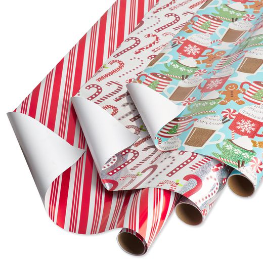 Candy Canes Red + White Stripes Hot Cocoa + Treats Holiday Wrapping Paper Bundle 3 Rolls