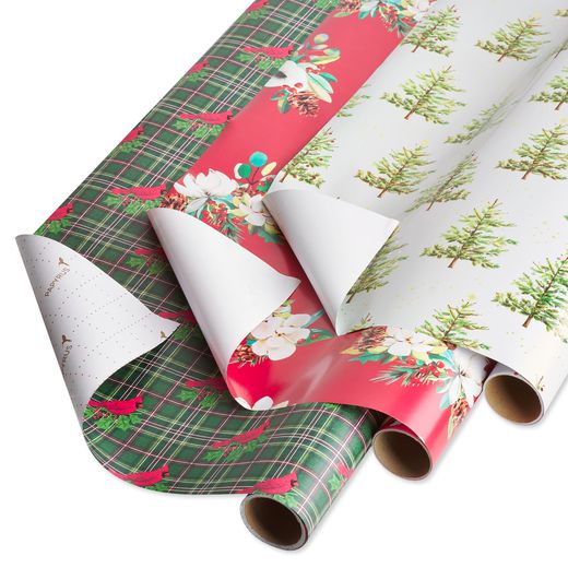 Plaid White Floral Christmas Trees Holiday Wrapping Paper Bundle 3 Rolls
