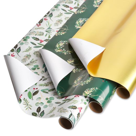 Holly Wreath Gold Holiday Wrapping Paper Bundle 3 Rolls