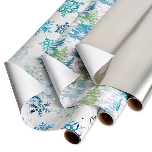 Snowflakes, Silver, Forest Holiday Wrapping Paper Bundle, 3 Rolls