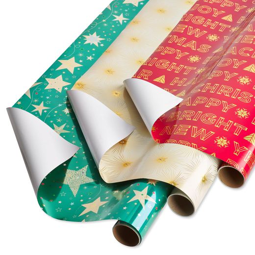 Teal + Gold Stars Christmas Text Gold Stars Holiday Wrapping Paper Bundle 3 Rolls