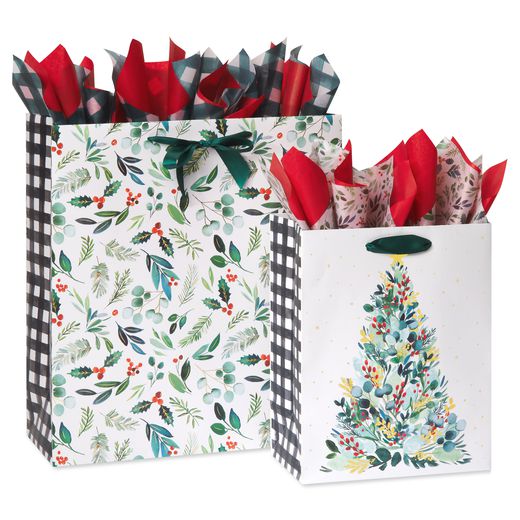 Joyful Tradition Holiday Gift Bags with Tissue Paper 2 Bags 1 Jumbo 1 Large 18 Sheets