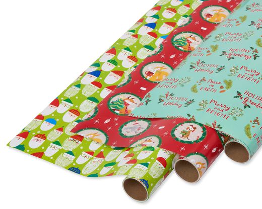 Holiday Friends and Peace on Earth Holiday Wrapping Paper Bundle, Santa Toss, 3 Rolls
