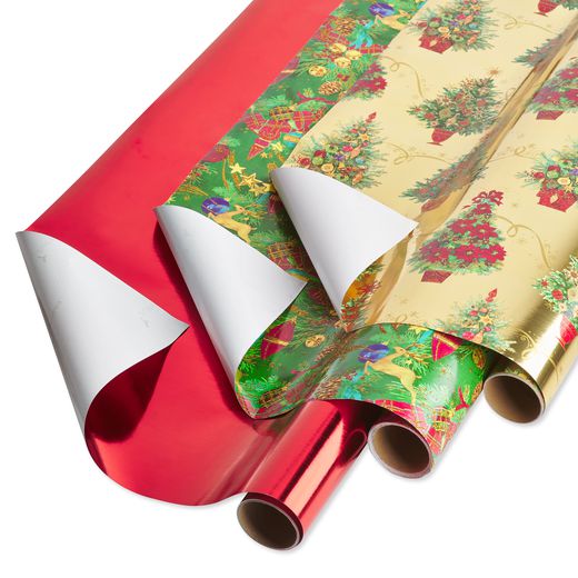 Metallic Red Christmas Tree Christmas Tidings Holiday Wrapping Paper Bundle 3 Rolls