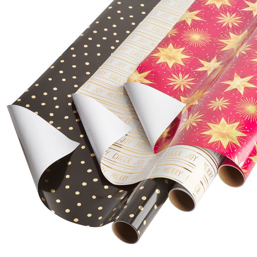 Black + Gold Dots, Joy, Stars Holiday Wrapping Paper Bundle, 3 Rolls