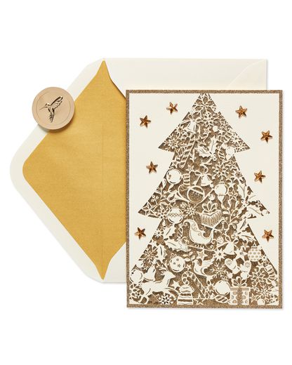 Gold Glitter Holiday Christmas Tree Christmas Cards Boxed 8-Count