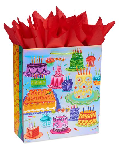 Fun Patterned Birthday Cake Jumbo Gift Bag with Scarlett Tissue Paper 1 Gift Bag and 8 Sheets of Tissue Paper