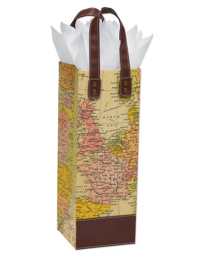 Map Beverage Gift Bag with White Tissue Paper 1 Gift Bag and 8 Sheets of Tissue Paper