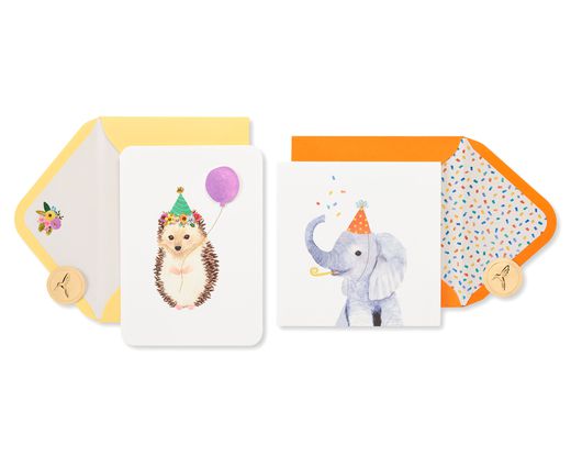 Hedgehog and Elephant Birthday Greeting Card Bundle for Kids 2-Count
