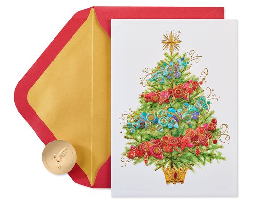 Christmas Tree with Holiday Ornaments Christmas Boxed Cards - Glitter-Free, 12-Count