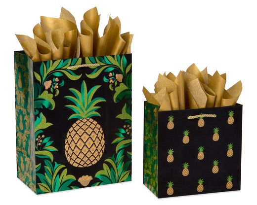 Gold Pineapple Gift Bags with Tissue Paper 3-Count